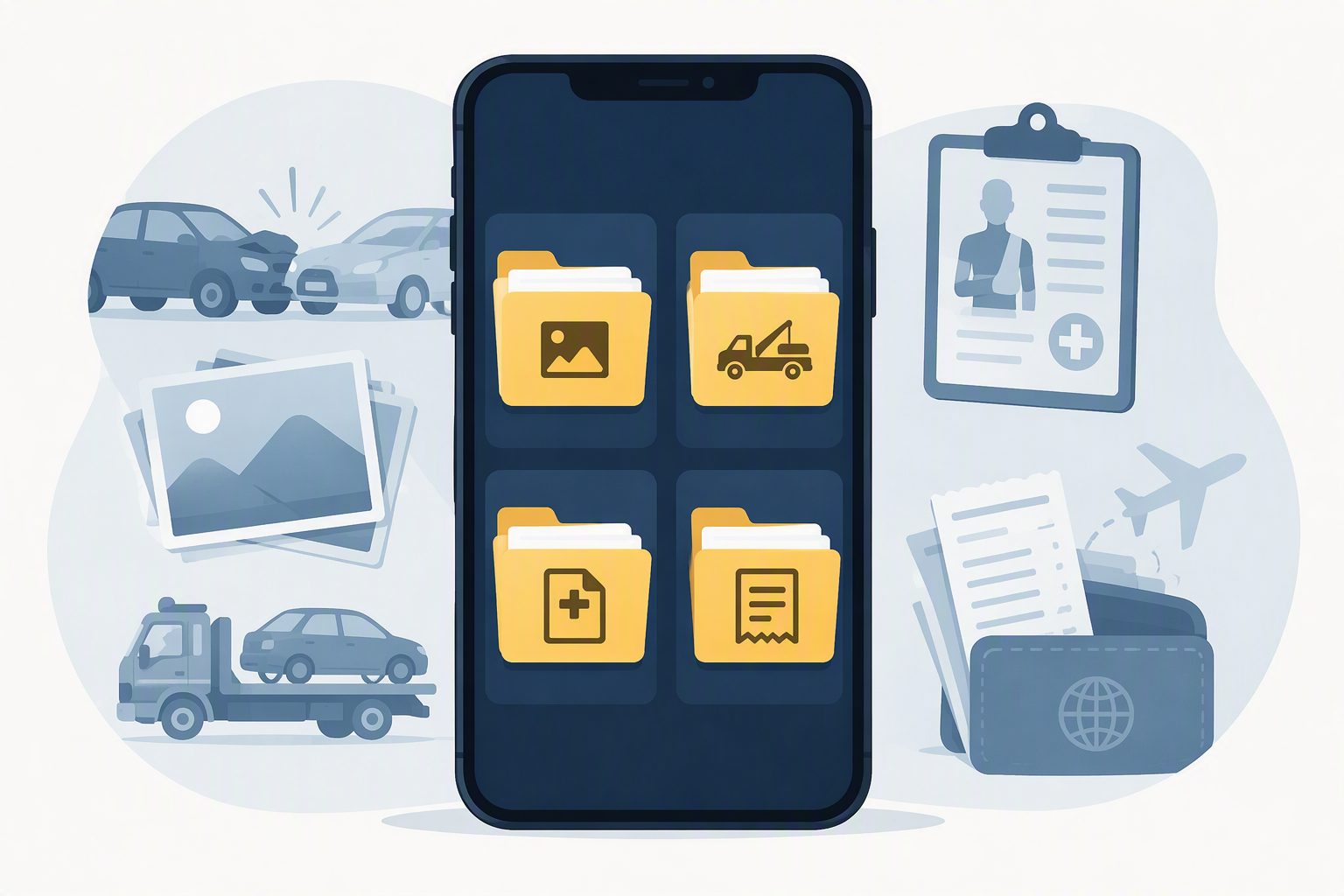 Phone screen graphic showing labeled folders for scene photos, towing records, medical documents, and travel receipts