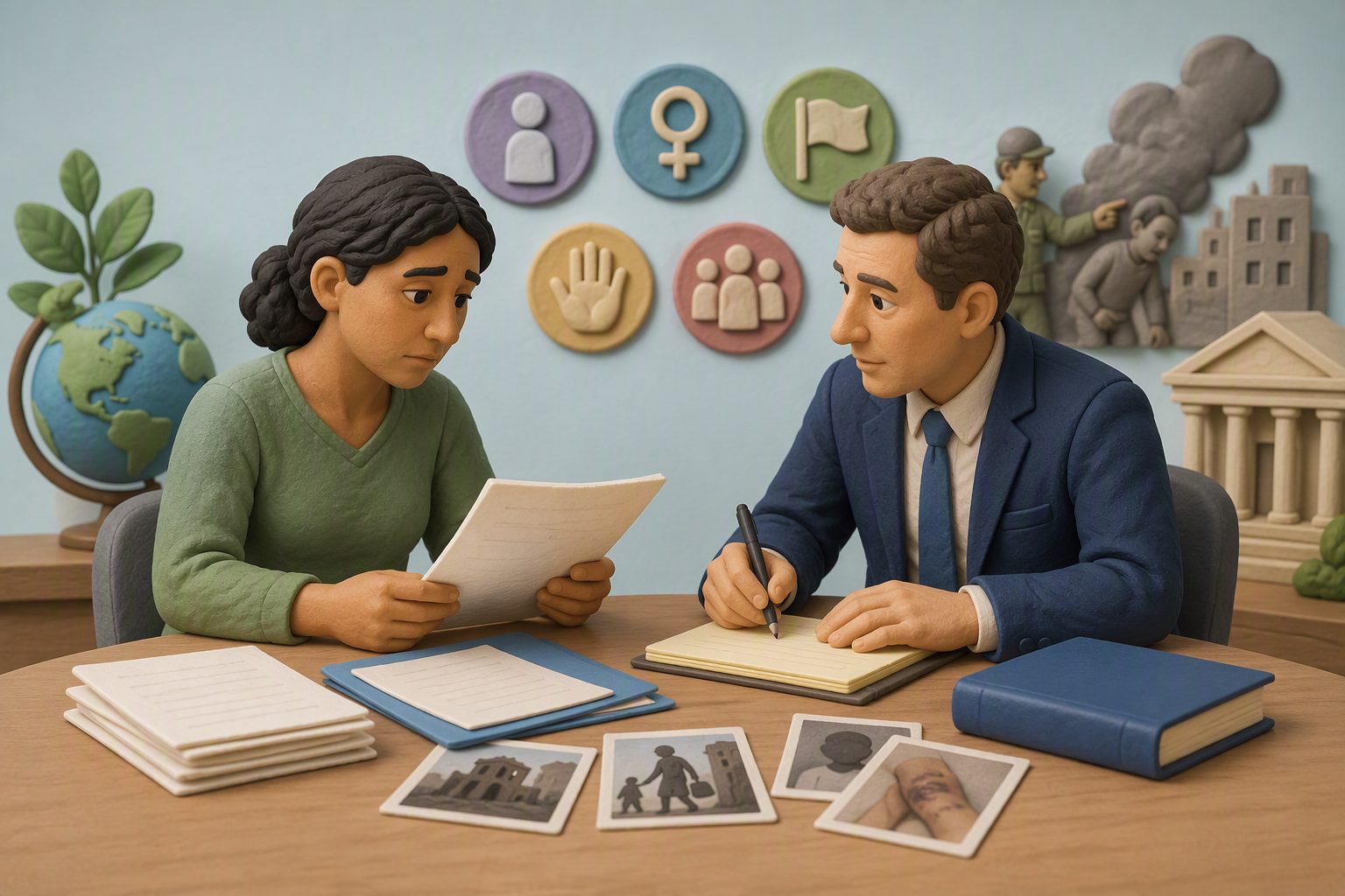 An asylum applicant sits at a table reviewing immigration documents with an attorney taking notes