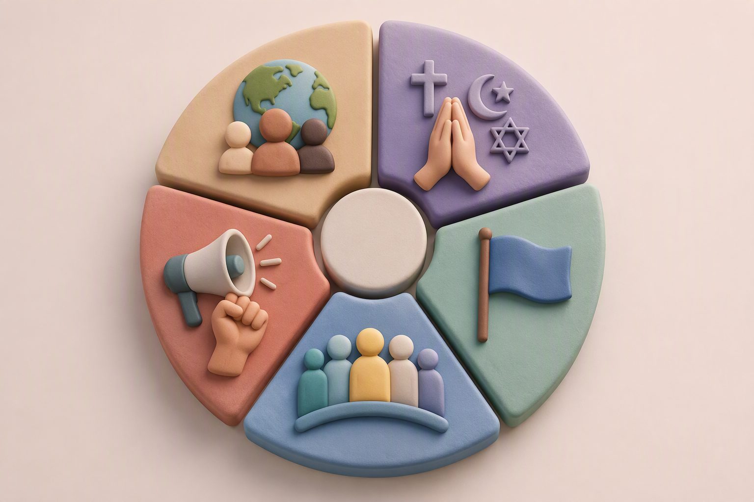 Five-segment wheel graphic with simple icons representing race, religion, nationality, political opinion, and particular social group