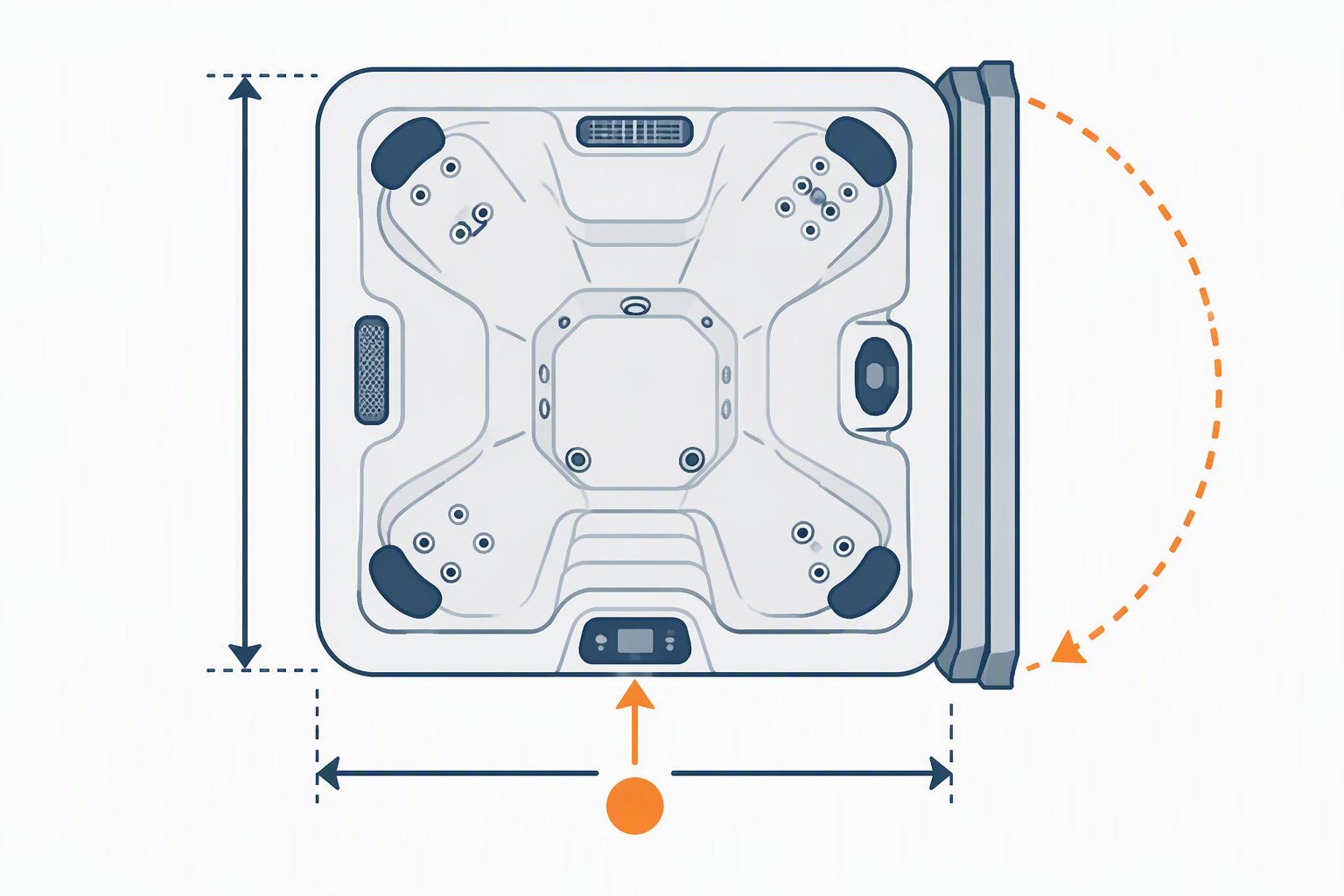 Overhead diagram of a square spa shell labeling overall length, overall width, the control-panel side, and the cover fold direction