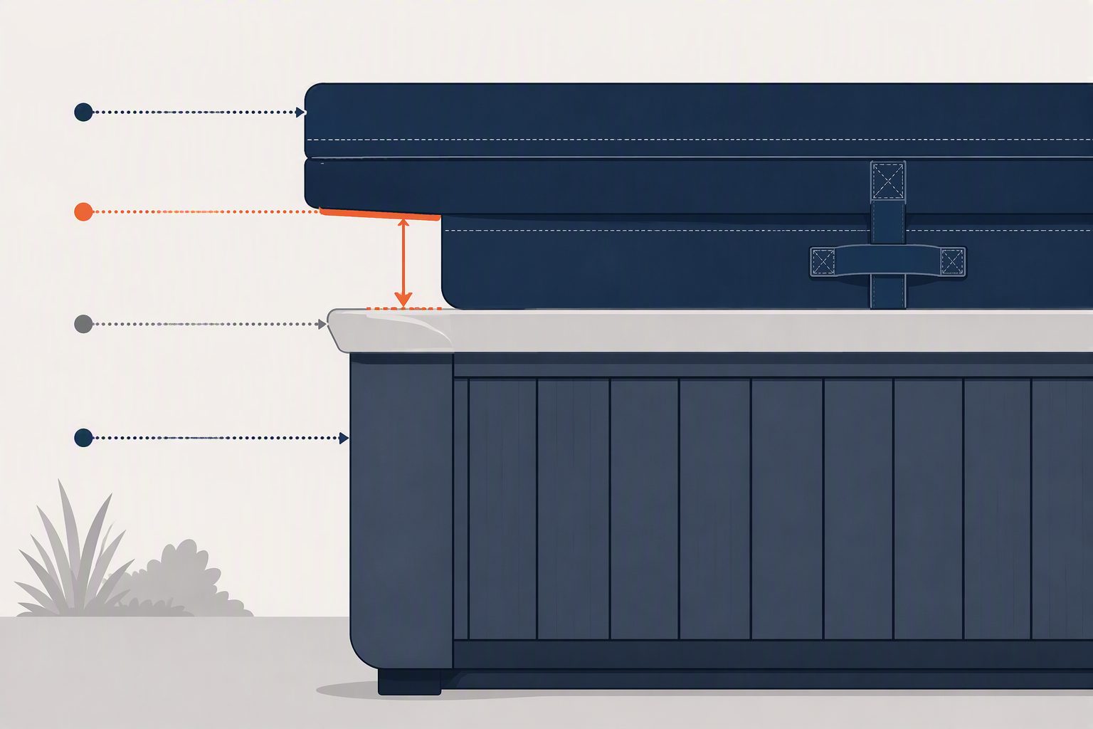 Side-view illustration distinguishing cover thickness, cover underside, shell lip, cabinet, and skirt drop measurement