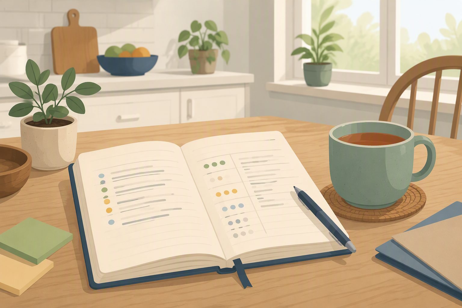 An open notebook and a mug of tea on a kitchen table, used to record observations before a family conversation