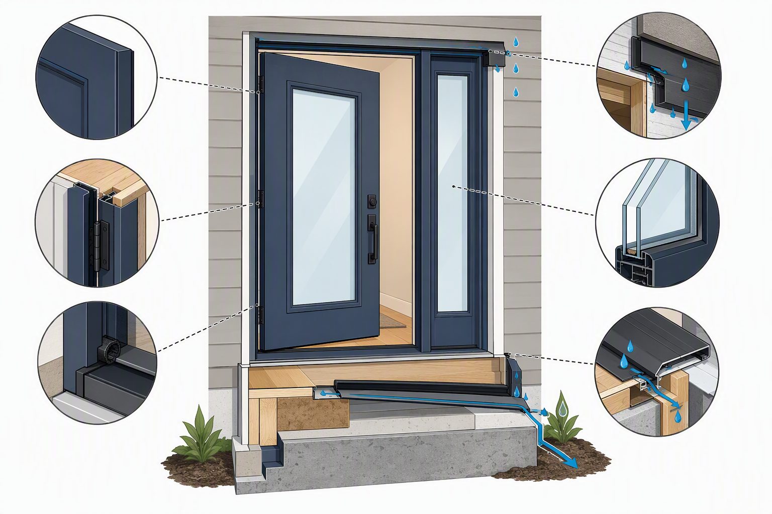Annotated entry-door diagram showing the slab, jamb, sill, weatherstripping, flashing, glazing, and outward drainage path