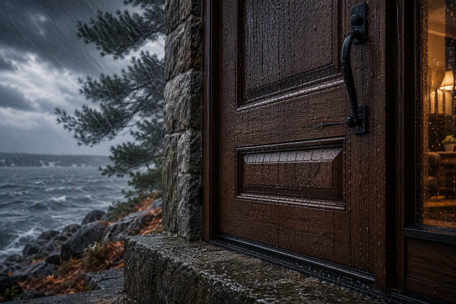 Fiberglass entry door on an Ontario waterfront home in driving rain