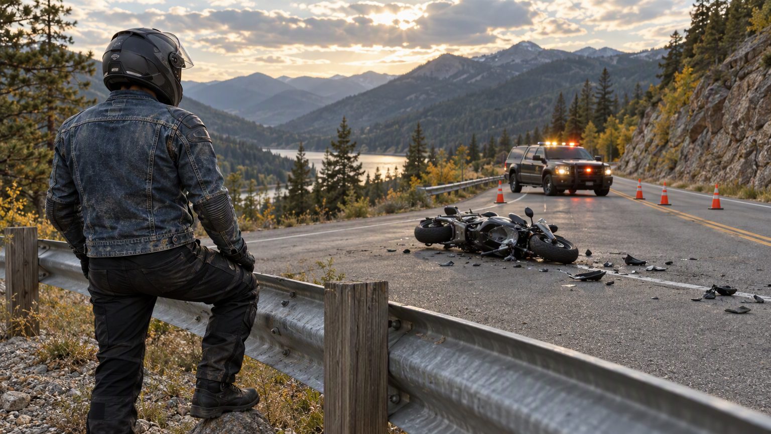 A helmeted rider waits behind a guardrail as emergency lights secure a road near a fallen motorcycle.